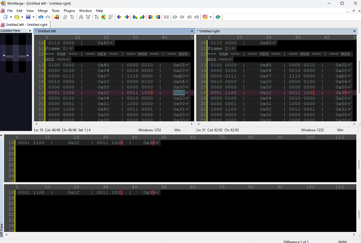 A screenshot of showing WinMerge rendering the differences between 2 data sets.